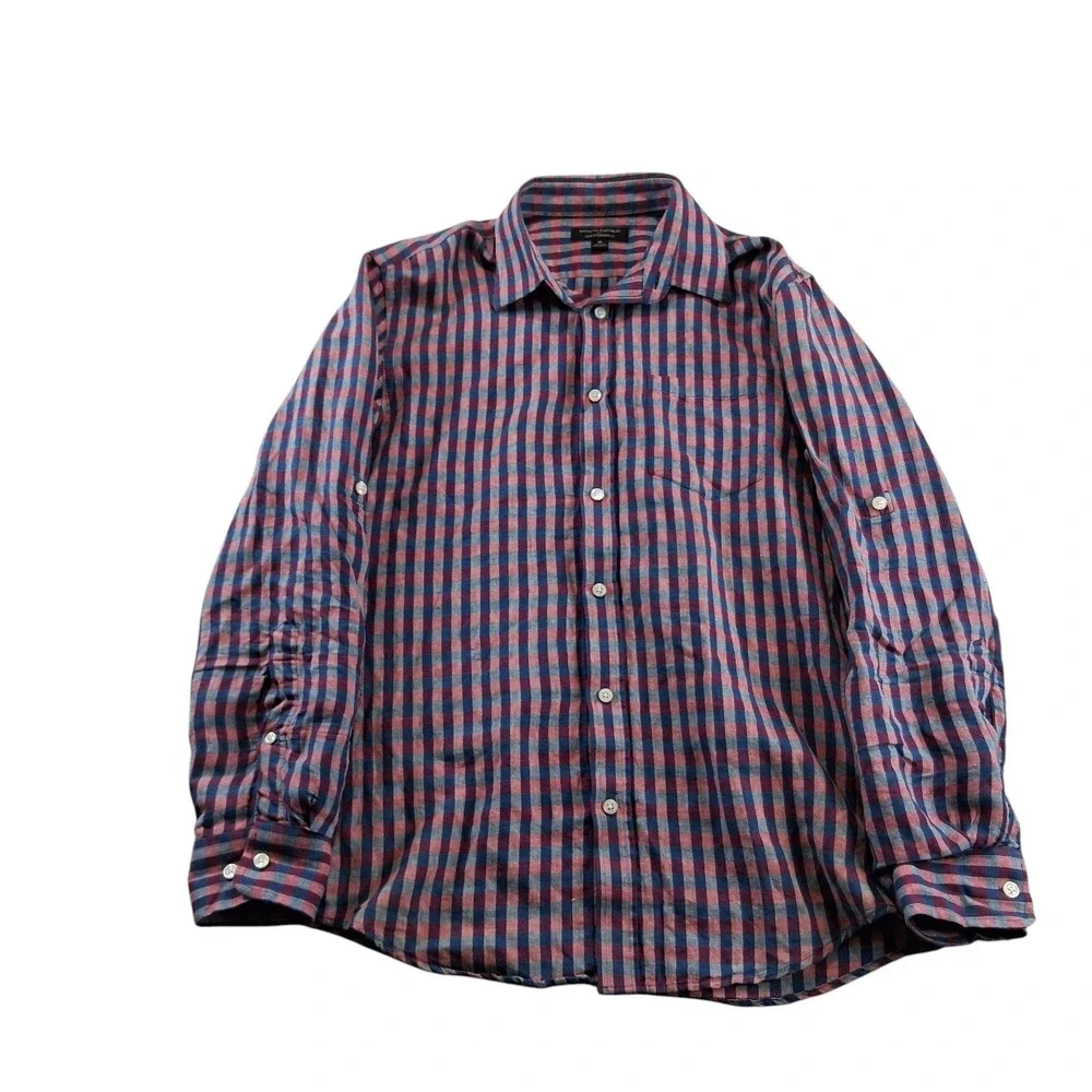 Banana Republic Button Down Mens Size M Red Blue Gingham Linen Cotton Roll Tab